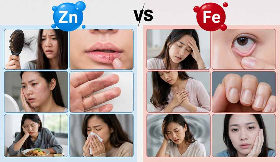 Perbedaan berdasarkan gejala kekurangan zinc dan zat besi